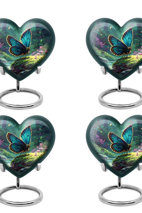 Jewel Teal Butterfly Cremation Urn angled view of lid and engraved motif - loving heart memorial featuring butterfly pattern - 10 inch aluminum urn for cremated remains