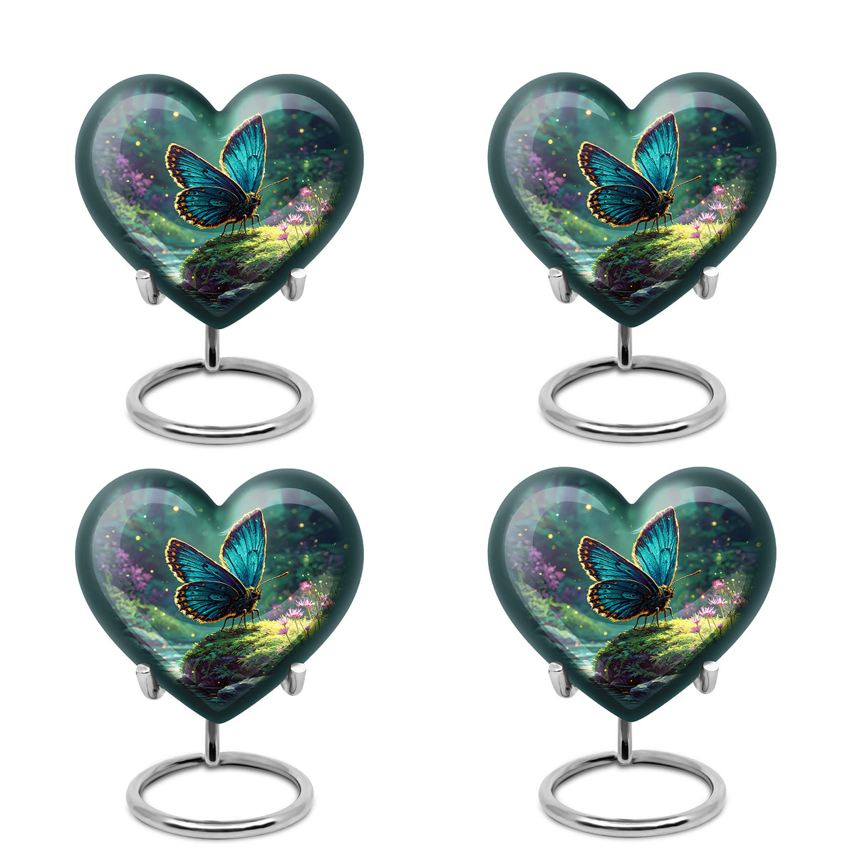 Jewel Teal Butterfly Cremation Urn angled view of lid and engraved motif - loving heart memorial featuring butterfly pattern - 10 inch aluminum urn for cremated remains