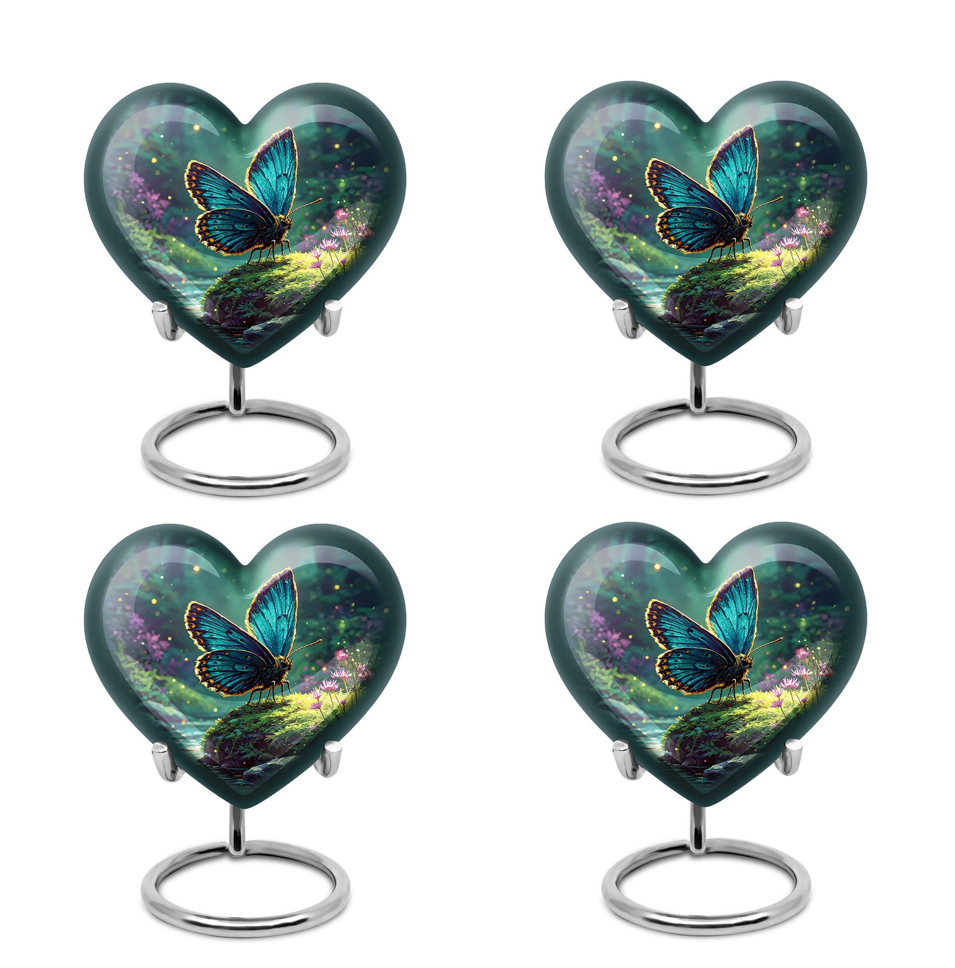 Jewel Teal Butterfly Cremation Urn angled view of lid and engraved motif - loving heart memorial featuring butterfly pattern - 10 inch aluminum urn for cremated remains