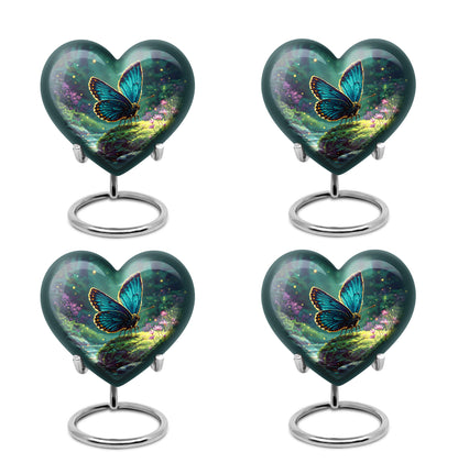 Jewel Teal Butterfly Cremation Urn angled view of lid and engraved motif - loving heart memorial featuring butterfly pattern - 10 inch aluminum urn for cremated remains