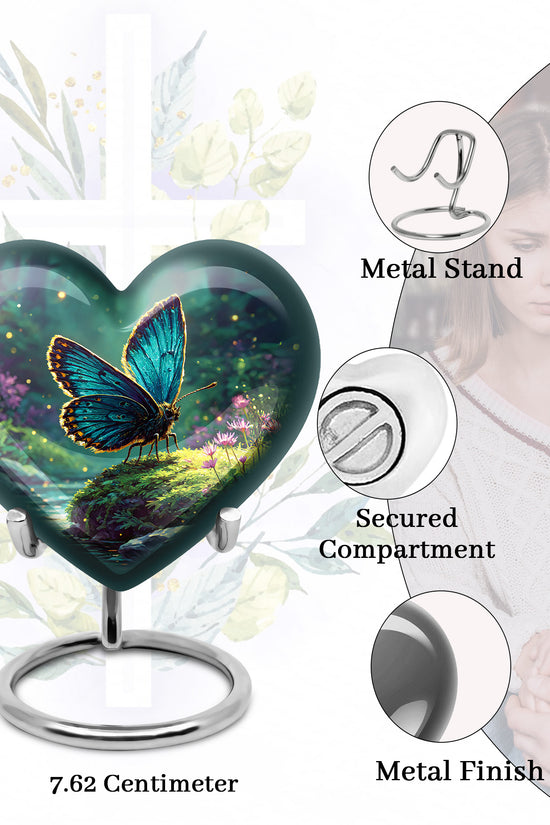 Tropical Teal Butterfly Cremation Urn front view showing detailed design - romantic heart urn with butterfly motif on aluminum - mini keepsake memorial for portion of cremation ashes