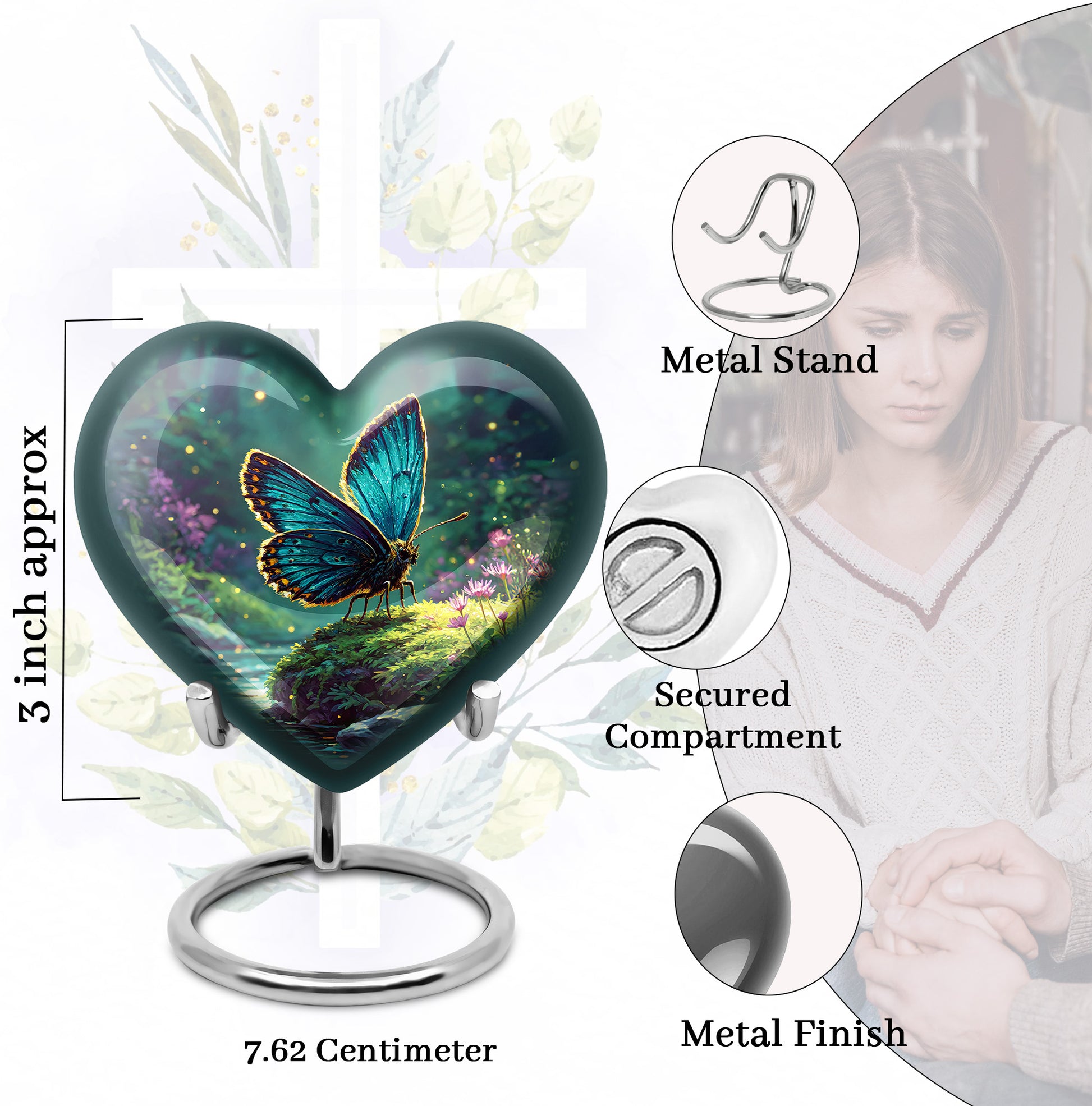 Tropical Teal Butterfly Cremation Urn front view showing detailed design - romantic heart urn with butterfly motif on aluminum - mini keepsake memorial for portion of cremation ashes