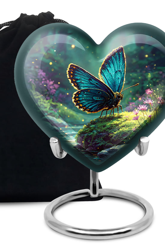 Aqua Teal Butterfly Cremation Urn detail view - romantic heart urn with butterfly motif on aluminum - full-size 10 inch 200 cubic inch adult cremation urn