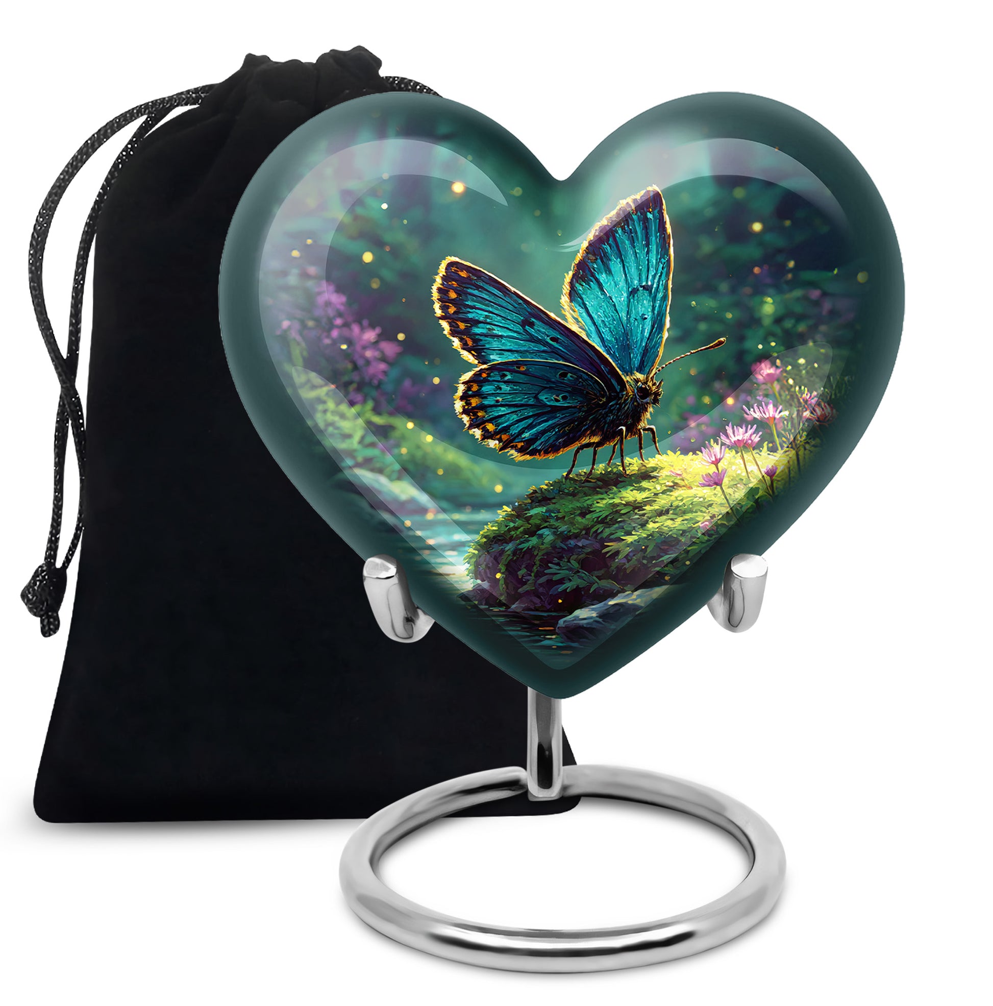 Aqua Teal Butterfly Cremation Urn detail view - romantic heart urn with butterfly motif on aluminum - full-size 10 inch 200 cubic inch adult cremation urn