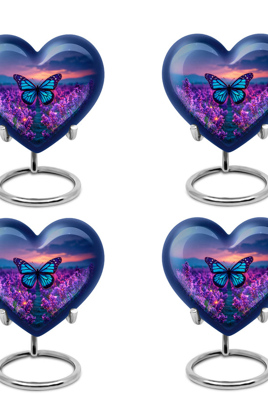 Azure Butterfly Cremation Urn angled view of lid and engraved motif - loving heart memorial featuring butterfly pattern - 10 inch aluminum urn for cremated remains