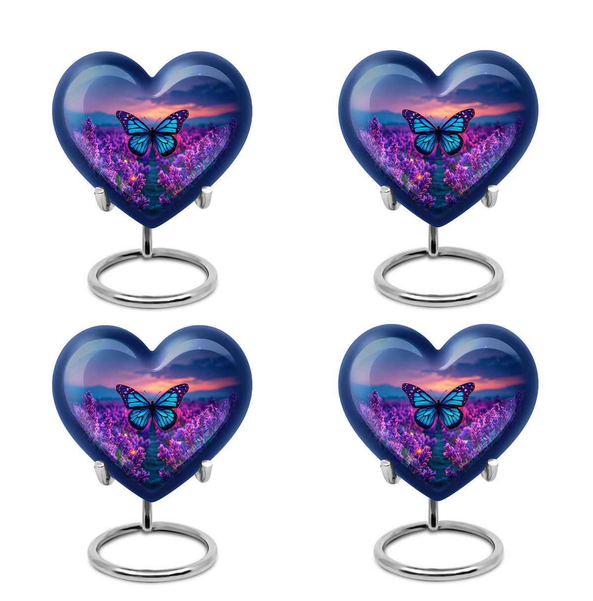 Azure Butterfly Cremation Urn angled view of lid and engraved motif - loving heart memorial featuring butterfly pattern - 10 inch aluminum urn for cremated remains