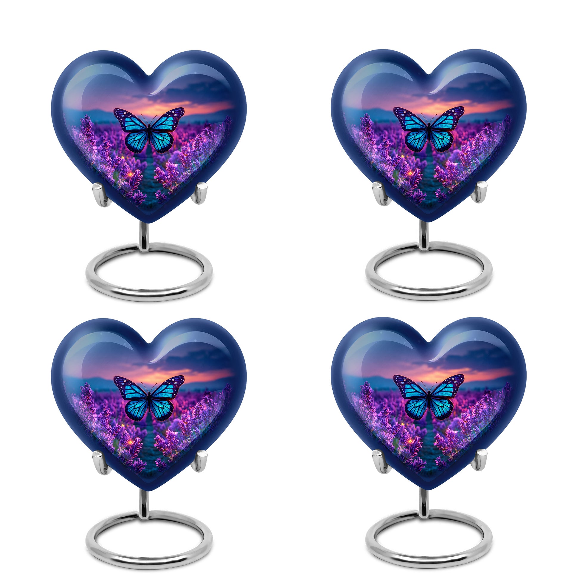Azure Butterfly Cremation Urn angled view of lid and engraved motif - loving heart memorial featuring butterfly pattern - 10 inch aluminum urn for cremated remains