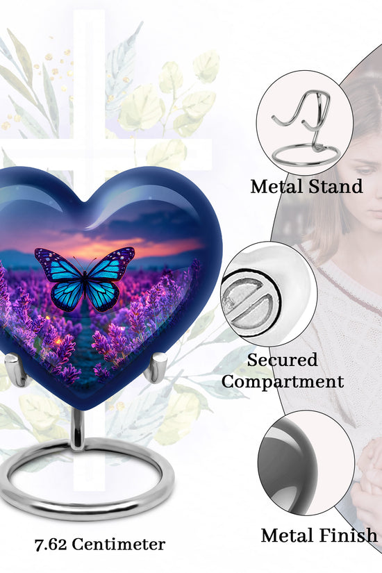 Pastel Blue Butterfly Cremation Urn front view showing detailed design - loving heart memorial featuring butterfly pattern - mini keepsake memorial for portion of cremation ashes