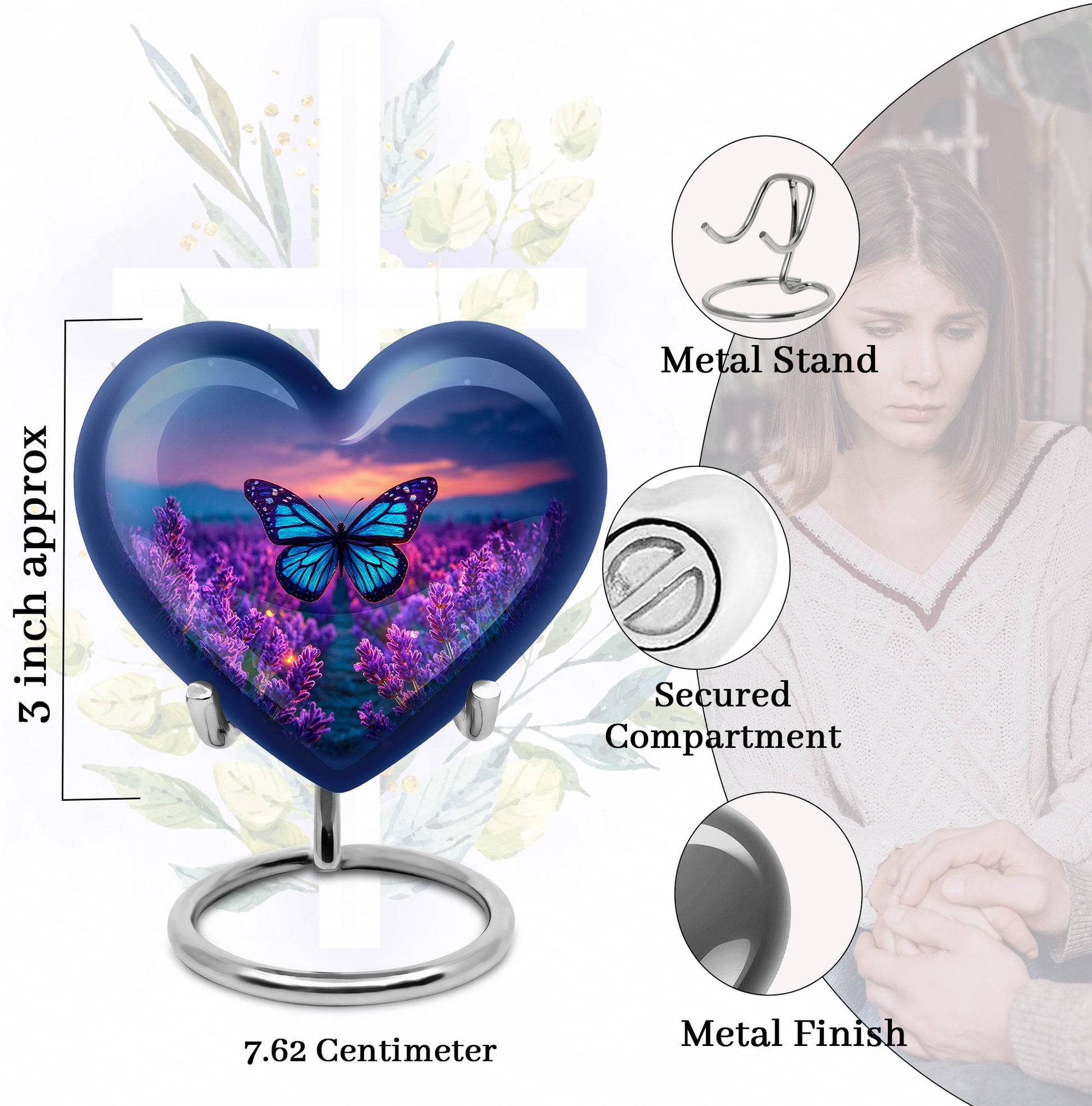 Pastel Blue Butterfly Cremation Urn front view showing detailed design - loving heart memorial featuring butterfly pattern - mini keepsake memorial for portion of cremation ashes