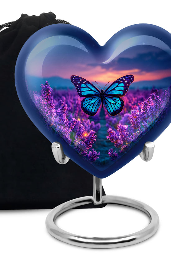 Calming Blue Butterfly Cremation Urn detail view - compassionate heart-butterfly combination with gentle curves - full-size 10 inch 200 cubic inch adult cremation urn