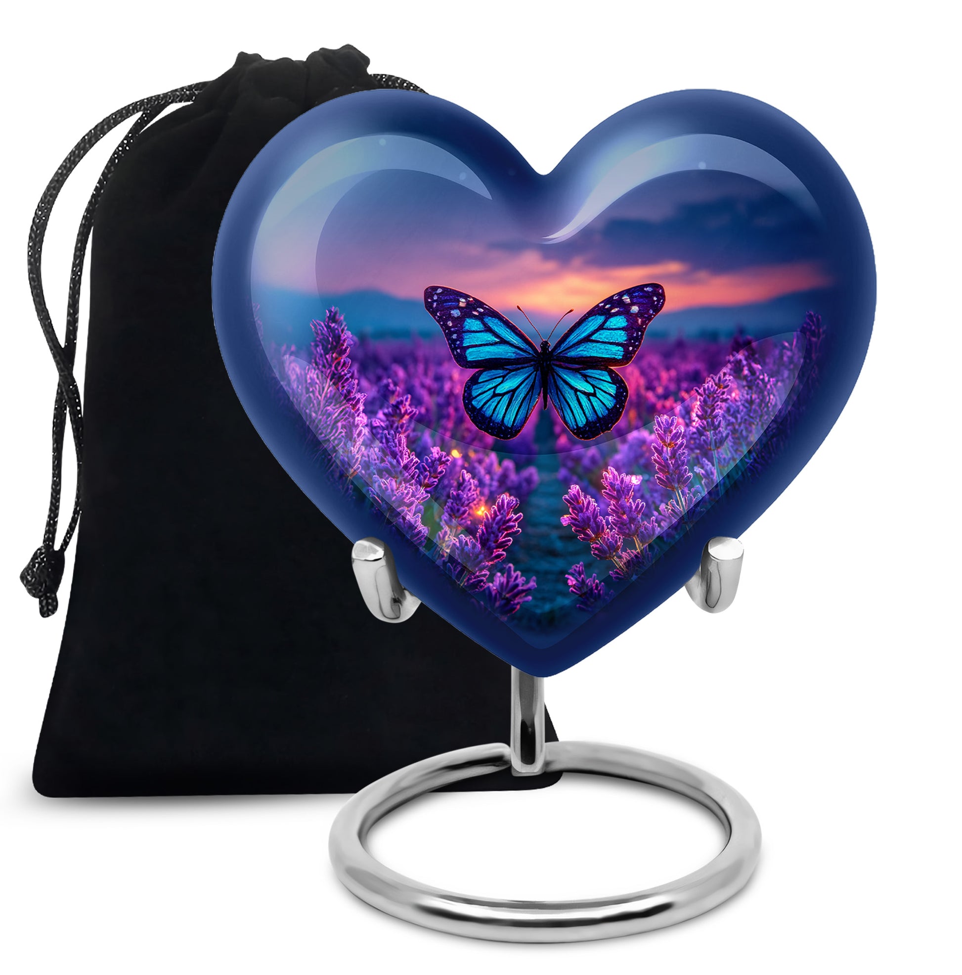 Calming Blue Butterfly Cremation Urn detail view - compassionate heart-butterfly combination with gentle curves - full-size 10 inch 200 cubic inch adult cremation urn