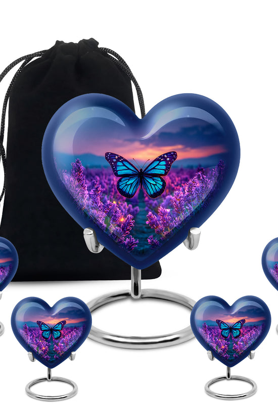 Cornflower Blue Butterfly Cremation Urn close-up of engraving and surface detail - compassionate heart-butterfly combination with gentle curves - memorial set with one large and four small urns