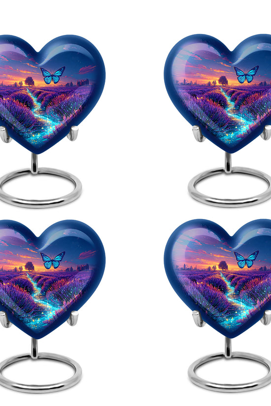 Twilight Blue Butterfly Cremation Urn angled view of lid and engraved motif - compassionate heart-butterfly combination with gentle curves - 10 inch aluminum urn for cremated remains