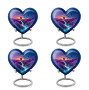 Twilight Blue Butterfly Cremation Urn angled view of lid and engraved motif - compassionate heart-butterfly combination with gentle curves - 10 inch aluminum urn for cremated remains