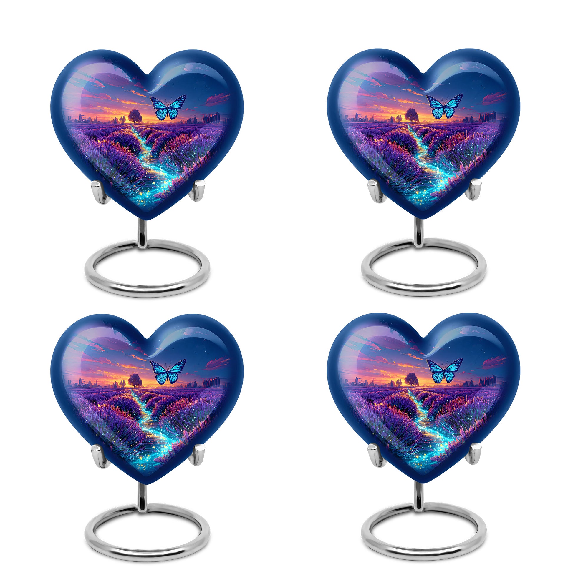 Twilight Blue Butterfly Cremation Urn angled view of lid and engraved motif - compassionate heart-butterfly combination with gentle curves - 10 inch aluminum urn for cremated remains