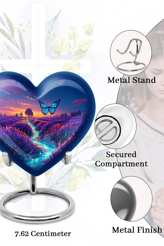 Steel Blue Butterfly Cremation Urn front view showing detailed design - compassionate heart-butterfly combination with gentle curves - mini keepsake memorial for portion of cremation ashes