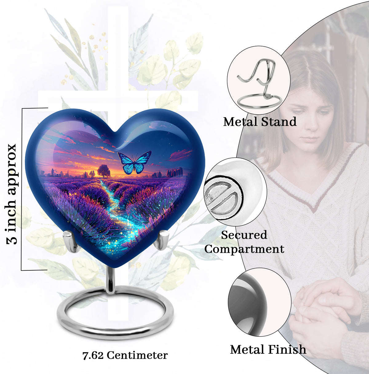 Steel Blue Butterfly Cremation Urn front view showing detailed design - compassionate heart-butterfly combination with gentle curves - mini keepsake memorial for portion of cremation ashes