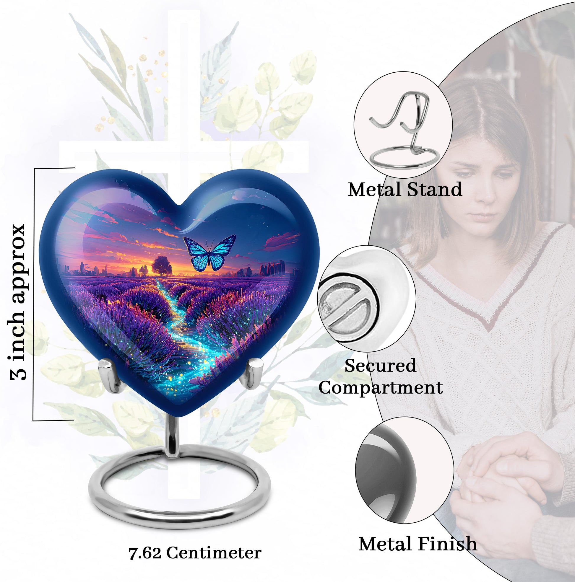Steel Blue Butterfly Cremation Urn front view showing detailed design - compassionate heart-butterfly combination with gentle curves - mini keepsake memorial for portion of cremation ashes