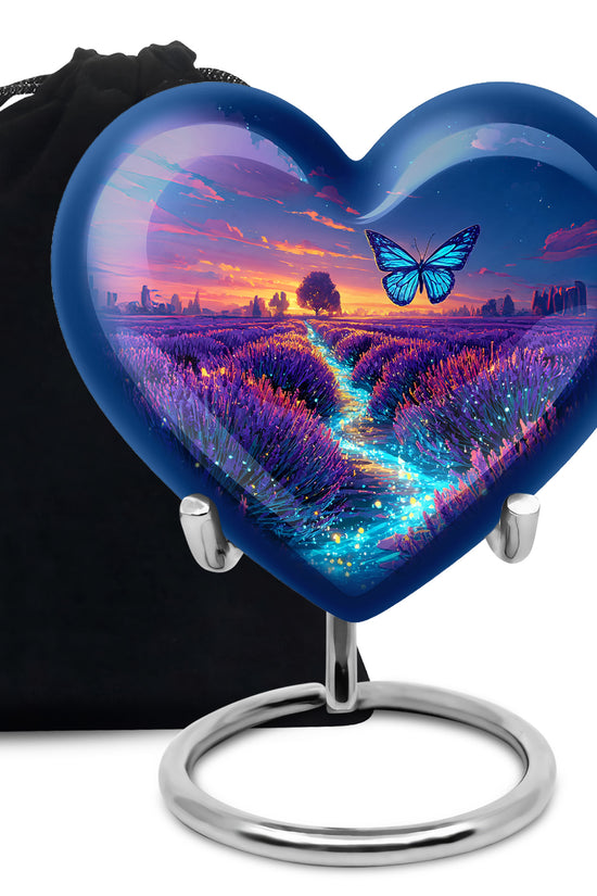 Indigo Butterfly Cremation Urn detail view - heart-shaped butterfly design symbolizing eternal love - full-size 10 inch 200 cubic inch adult cremation urn