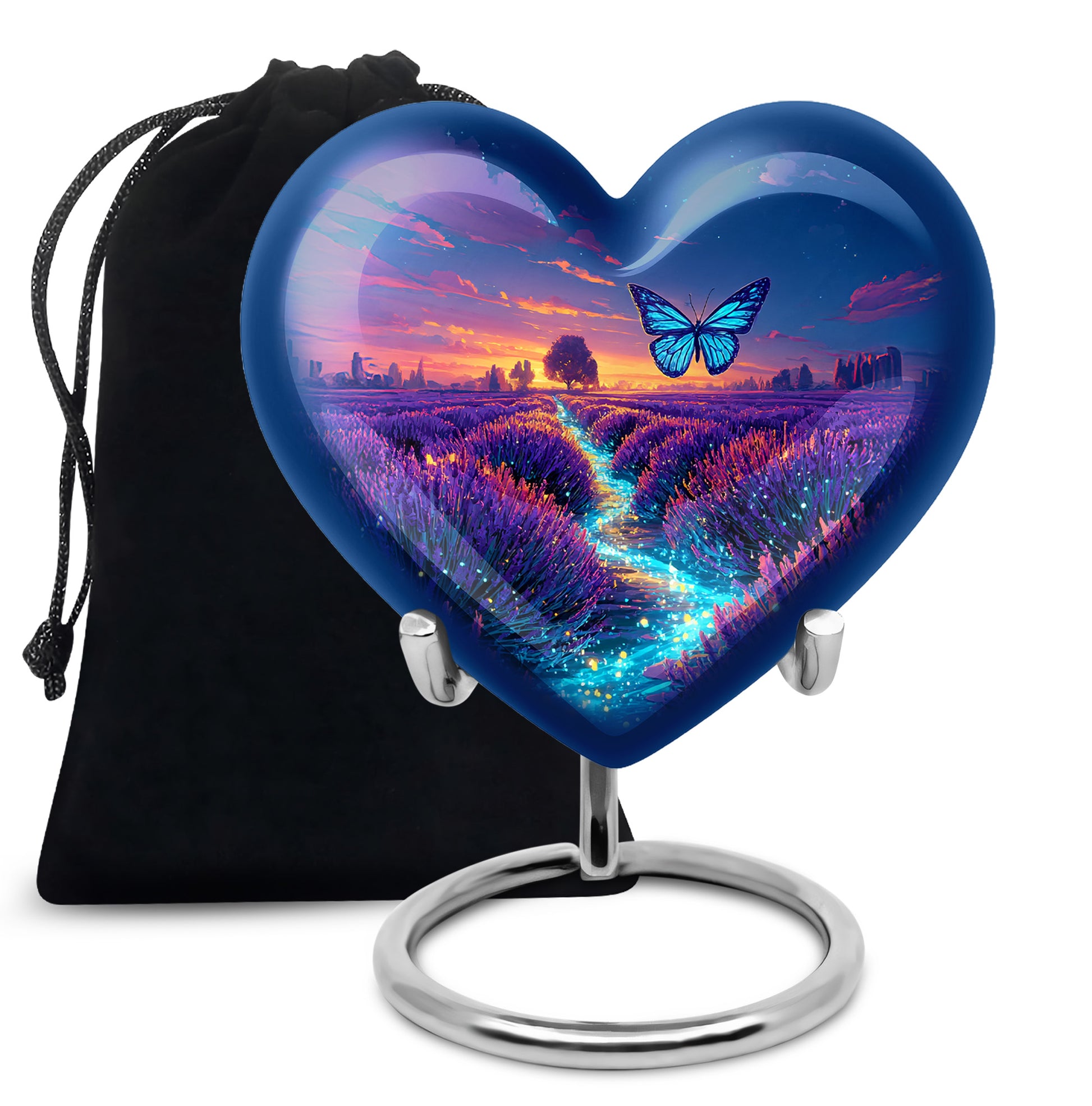 Indigo Butterfly Cremation Urn detail view - heart-shaped butterfly design symbolizing eternal love - full-size 10 inch 200 cubic inch adult cremation urn