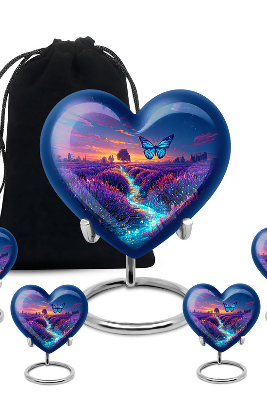 Twilight Blue Butterfly Cremation Urn close-up of engraving and surface detail - compassionate heart-butterfly combination with gentle curves - memorial set with one large and four small urns