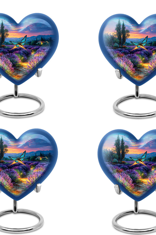 Navy Blue Butterfly Cremation Urn angled view of lid and engraved motif - loving heart memorial featuring butterfly pattern - 10 inch aluminum urn for cremated remains