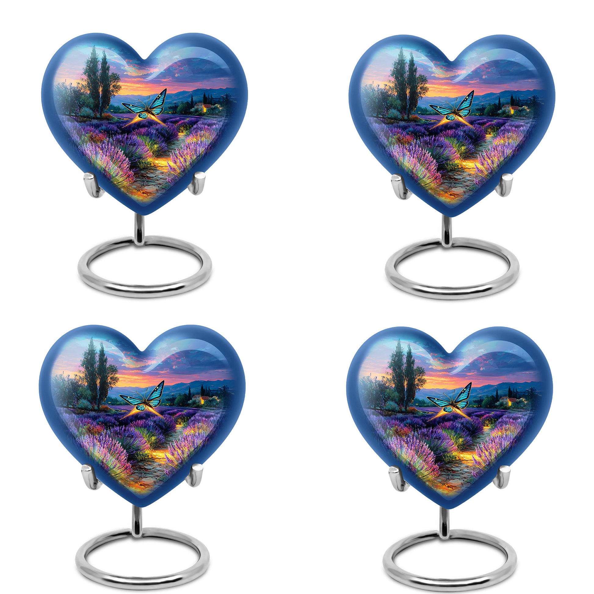 Navy Blue Butterfly Cremation Urn angled view of lid and engraved motif - loving heart memorial featuring butterfly pattern - 10 inch aluminum urn for cremated remains