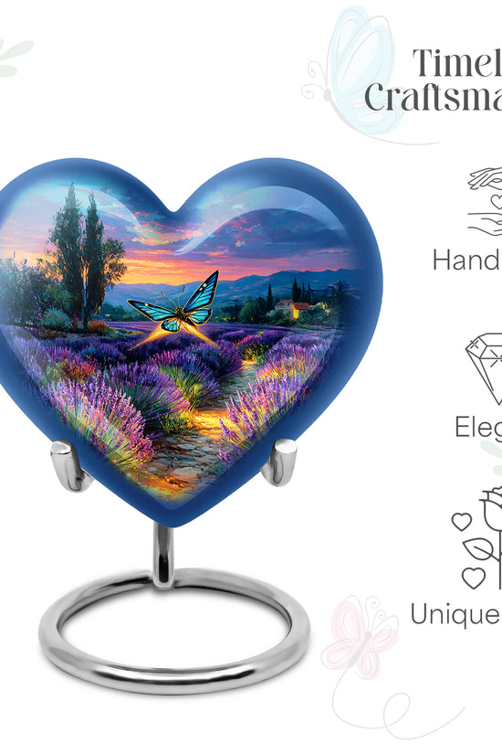 Calming Blue Butterfly Cremation Urn front view showing detailed design - compassionate heart-butterfly combination with gentle curves - mini keepsake memorial for portion of cremation ashes