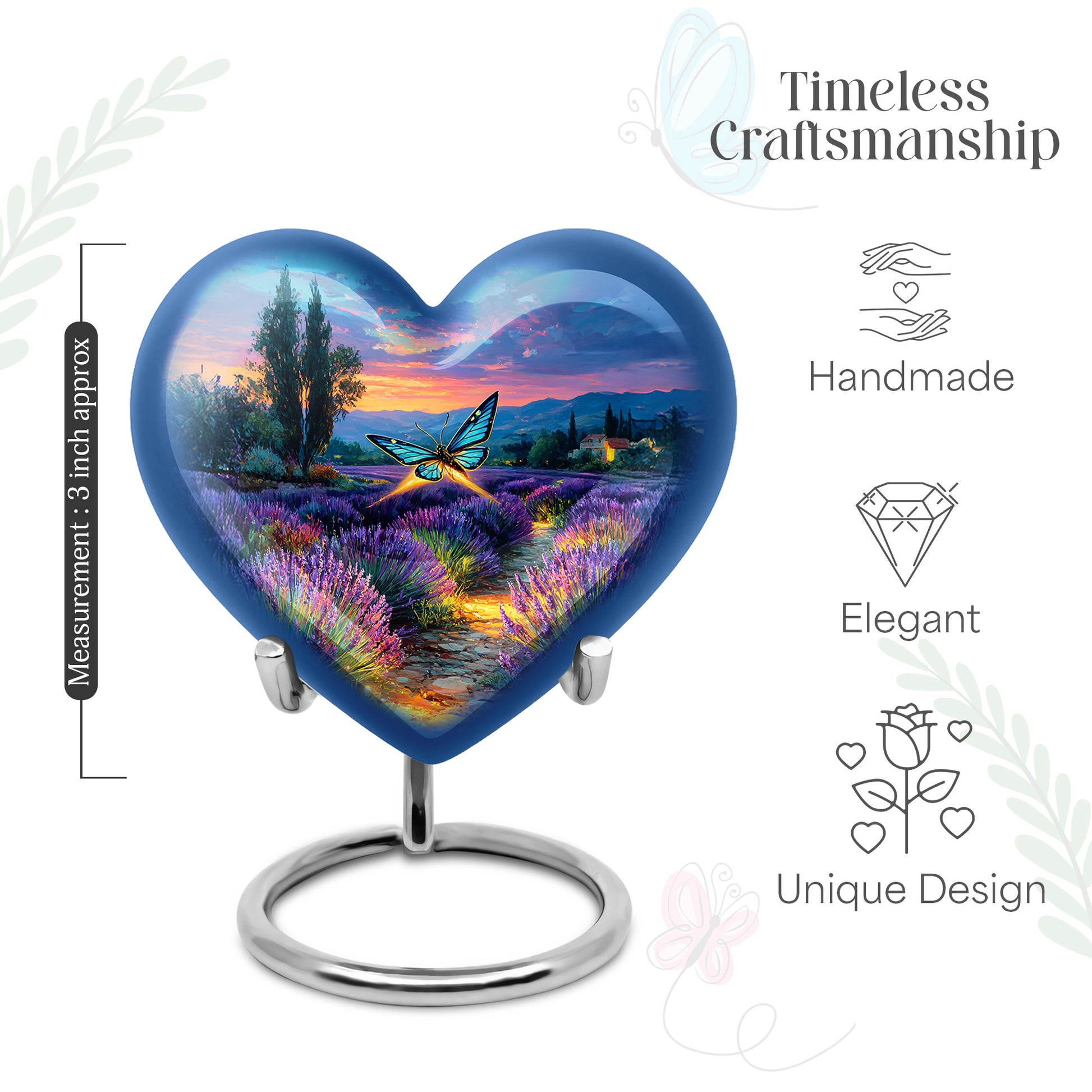 Calming Blue Butterfly Cremation Urn front view showing detailed design - compassionate heart-butterfly combination with gentle curves - mini keepsake memorial for portion of cremation ashes