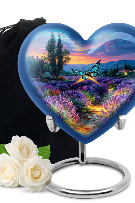 Powder Blue Butterfly Cremation Urn detail view - heart-shaped butterfly design symbolizing eternal love - full-size 10 inch 200 cubic inch adult cremation urn