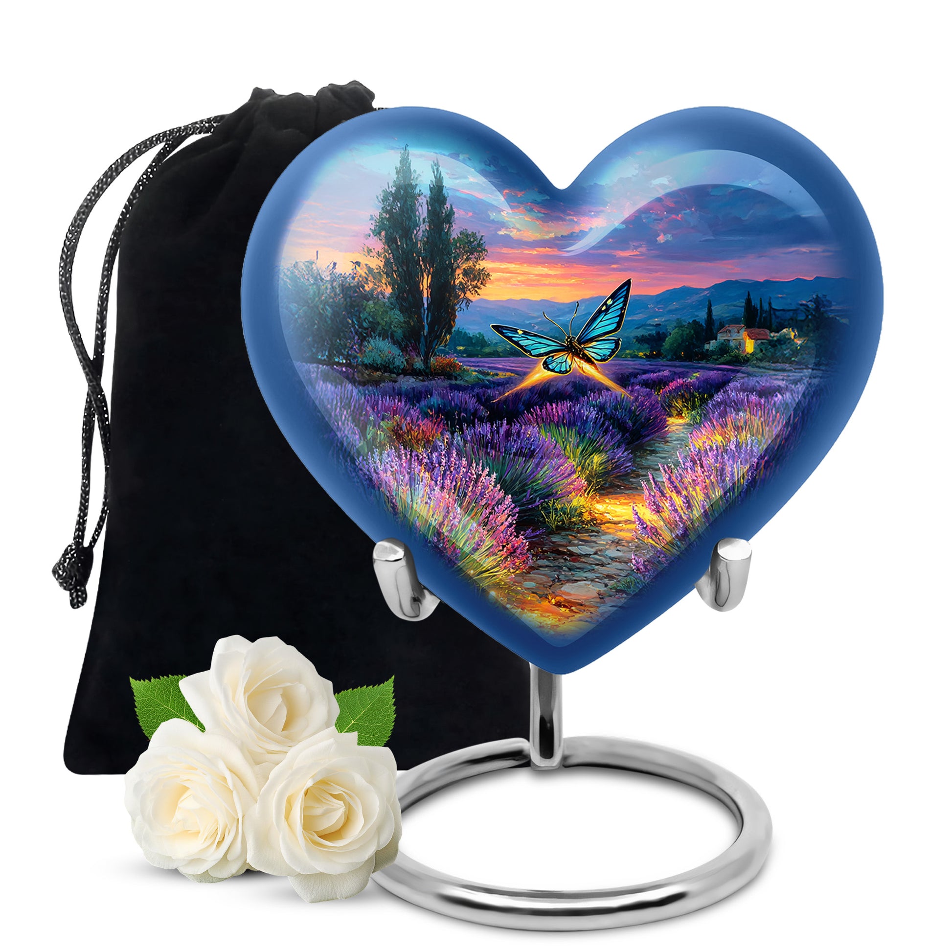 Powder Blue Butterfly Cremation Urn detail view - heart-shaped butterfly design symbolizing eternal love - full-size 10 inch 200 cubic inch adult cremation urn