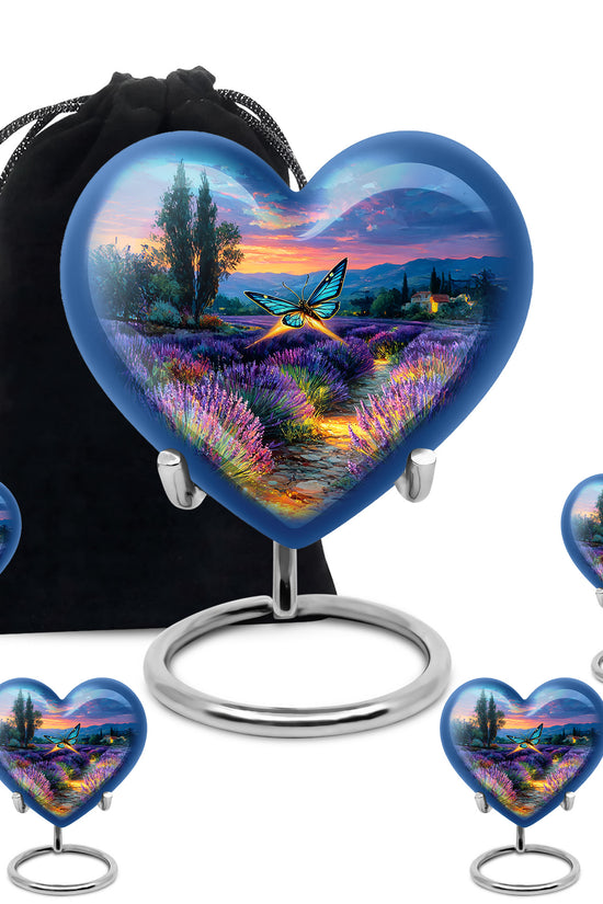 Serene Blue Butterfly Cremation Urn close-up of engraving and surface detail - compassionate heart-butterfly combination with gentle curves - memorial set with one large and four small urns