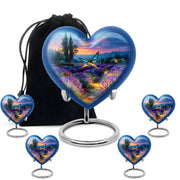 Serene Blue Butterfly Cremation Urn close-up of engraving and surface detail - compassionate heart-butterfly combination with gentle curves - memorial set with one large and four small urns