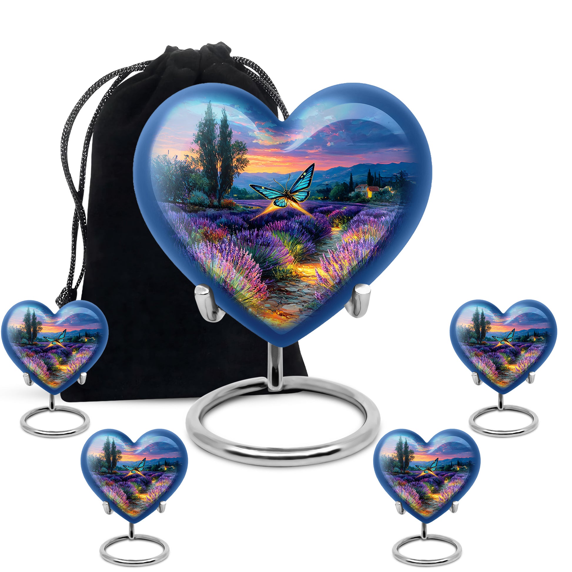 Serene Blue Butterfly Cremation Urn close-up of engraving and surface detail - compassionate heart-butterfly combination with gentle curves - memorial set with one large and four small urns