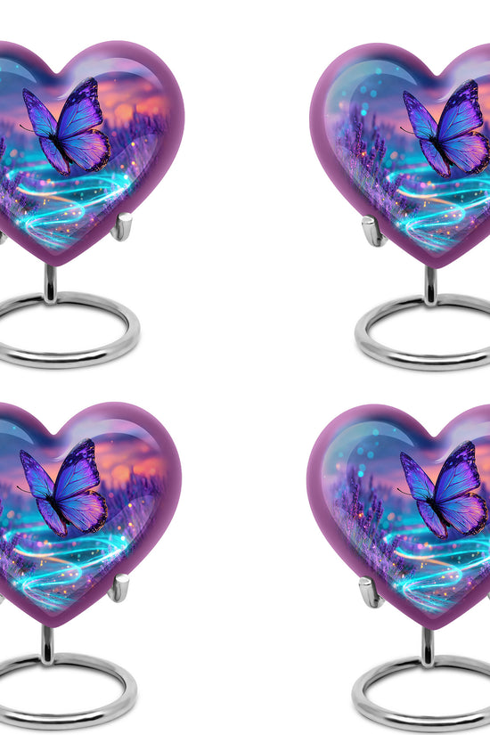 Navy Blue Butterfly Cremation Urn angled view of lid and engraved motif - heart-shaped butterfly design symbolizing eternal love - 10 inch aluminum urn for cremated remains