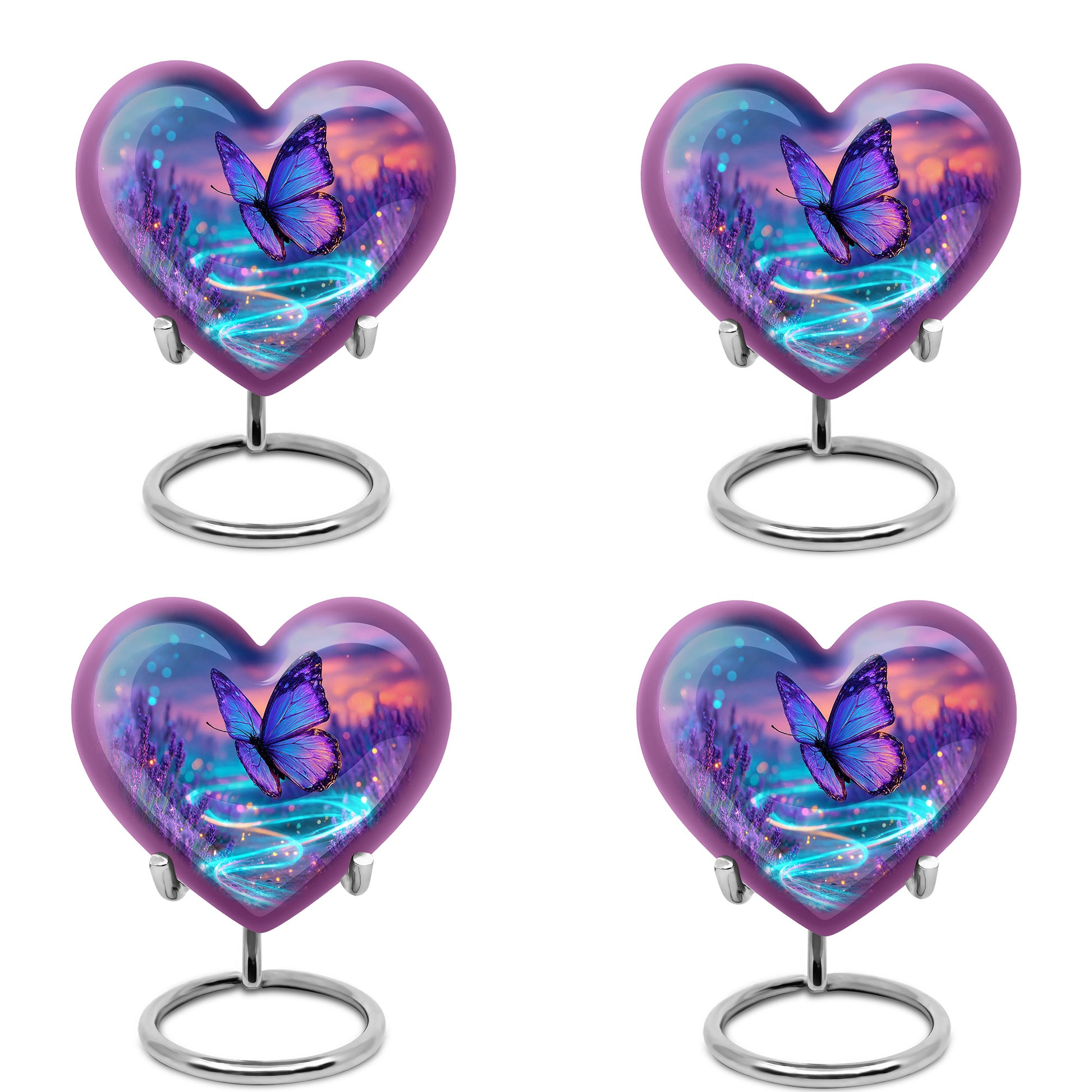 Navy Blue Butterfly Cremation Urn angled view of lid and engraved motif - heart-shaped butterfly design symbolizing eternal love - 10 inch aluminum urn for cremated remains