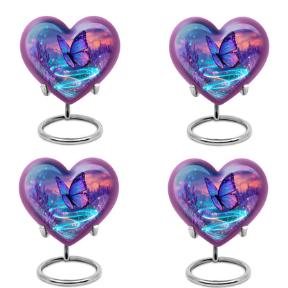 Navy Blue Butterfly Cremation Urn angled view of lid and engraved motif - heart-shaped butterfly design symbolizing eternal love - 10 inch aluminum urn for cremated remains