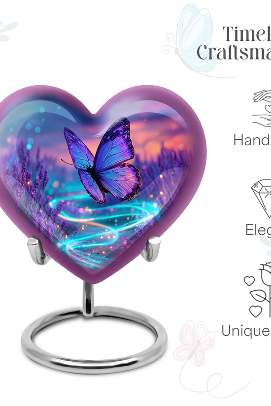 Royal Blue Butterfly Cremation Urn front view showing detailed design - romantic heart urn with butterfly motif on aluminum - mini keepsake memorial for portion of cremation ashes