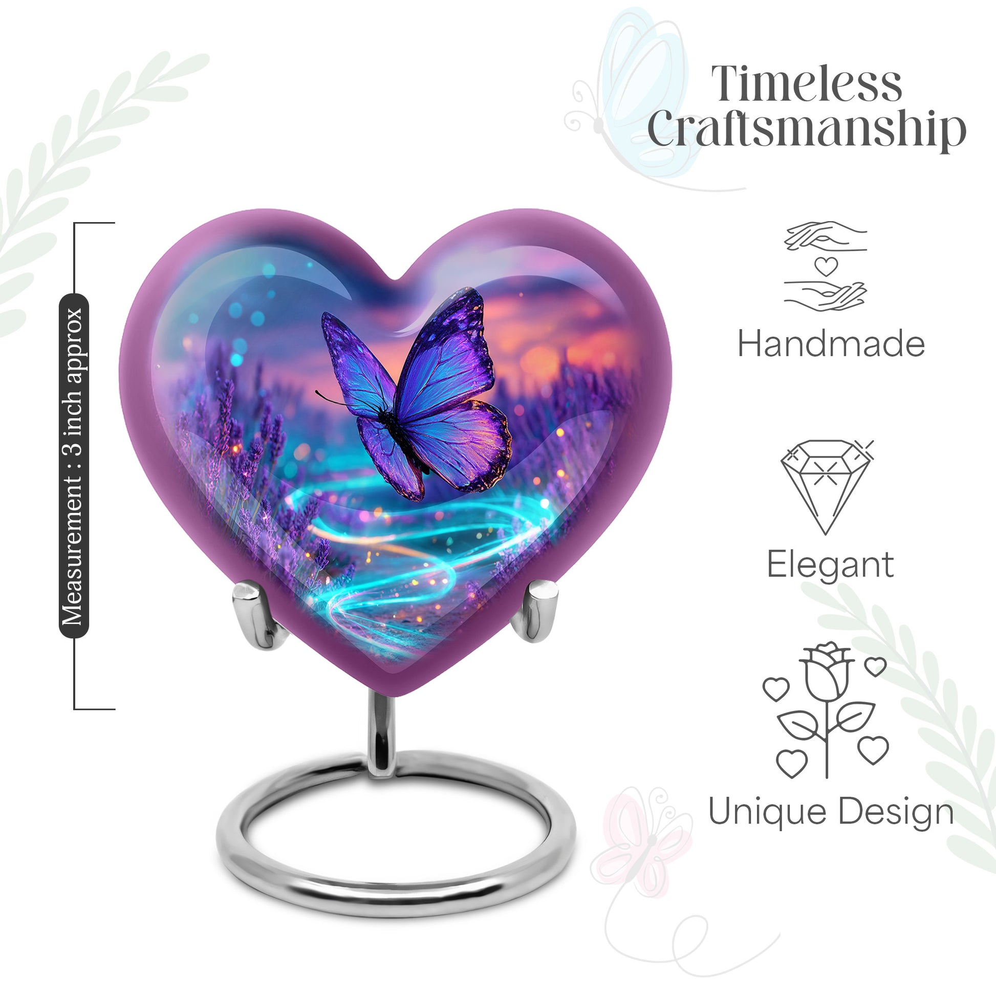 Royal Blue Butterfly Cremation Urn front view showing detailed design - romantic heart urn with butterfly motif on aluminum - mini keepsake memorial for portion of cremation ashes