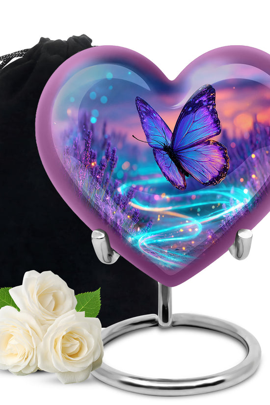 Cornflower Blue Butterfly Cremation Urn detail view - compassionate heart-butterfly combination with gentle curves - full-size 10 inch 200 cubic inch adult cremation urn