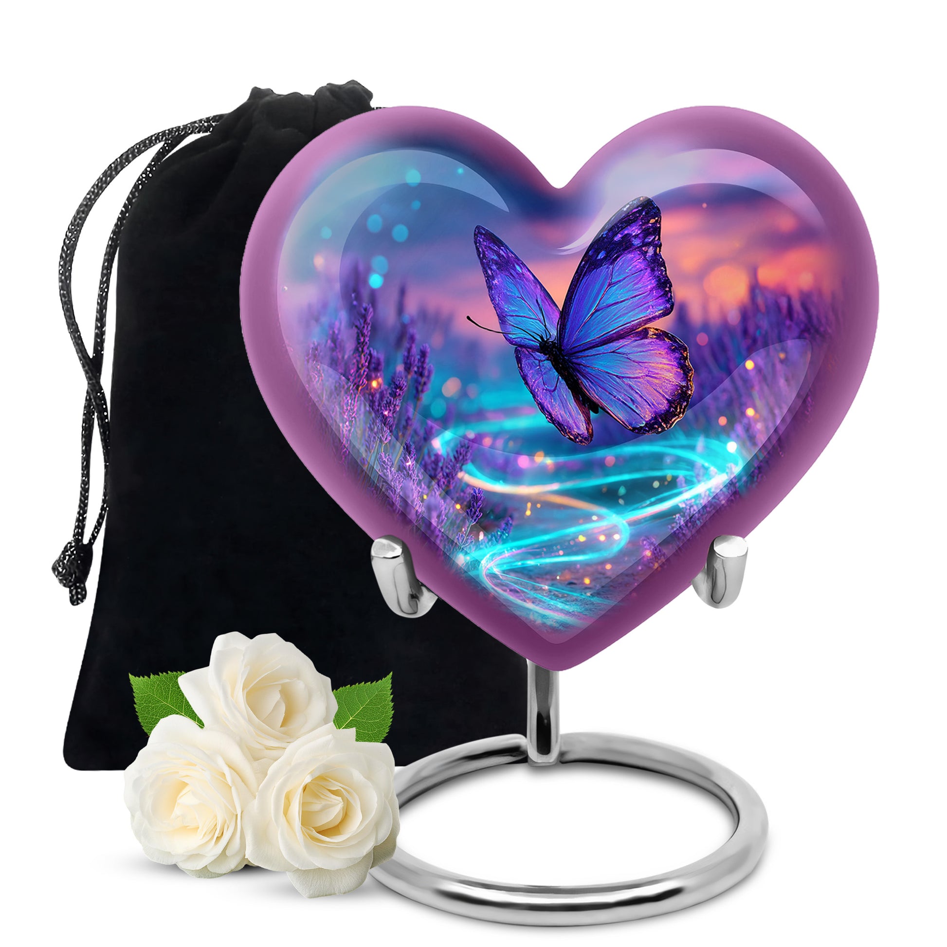 Cornflower Blue Butterfly Cremation Urn detail view - compassionate heart-butterfly combination with gentle curves - full-size 10 inch 200 cubic inch adult cremation urn