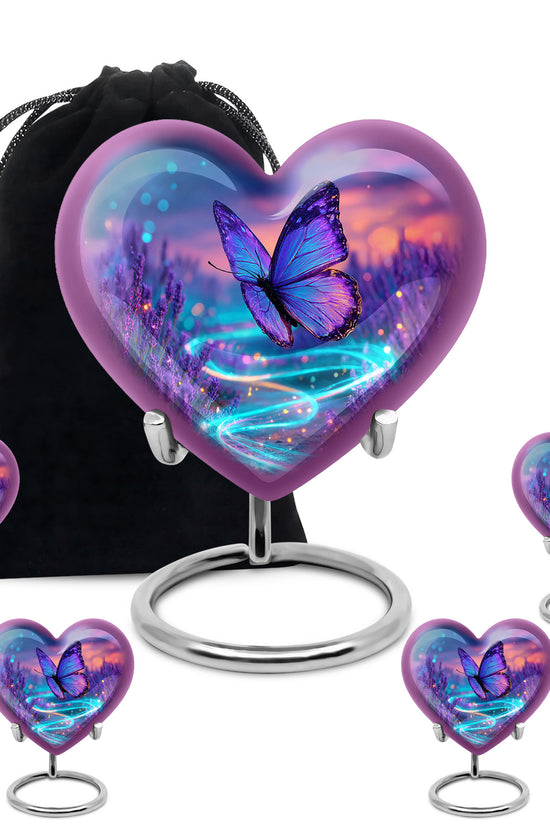 Azure Butterfly Cremation Urn close-up of engraving and surface detail - heart-shaped butterfly design symbolizing eternal love - memorial set with one large and four small urns