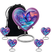 Azure Butterfly Cremation Urn close-up of engraving and surface detail - heart-shaped butterfly design symbolizing eternal love - memorial set with one large and four small urns