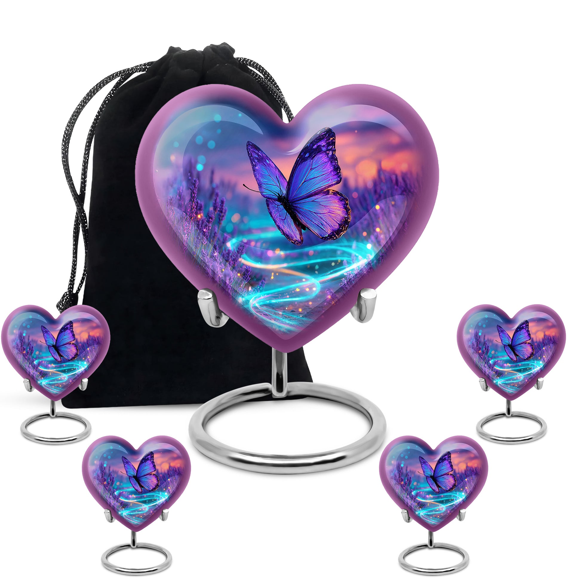 Azure Butterfly Cremation Urn close-up of engraving and surface detail - heart-shaped butterfly design symbolizing eternal love - memorial set with one large and four small urns