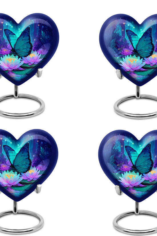 Pastel Blue Butterfly Cremation Urn angled view of lid and engraved motif - heart-shaped butterfly design symbolizing eternal love - 10 inch aluminum urn for cremated remains