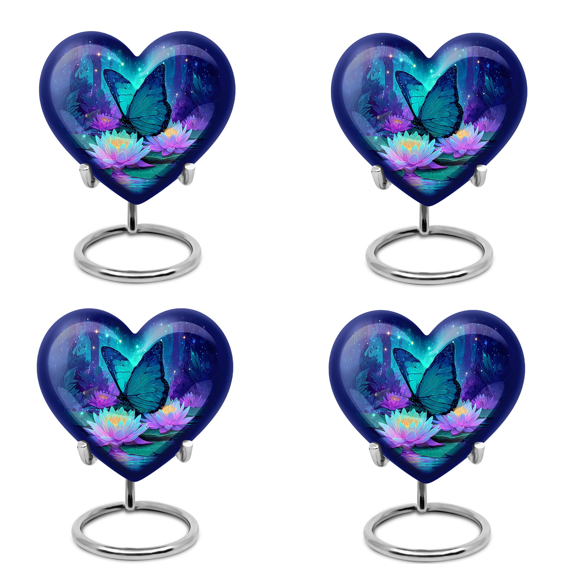 Pastel Blue Butterfly Cremation Urn angled view of lid and engraved motif - heart-shaped butterfly design symbolizing eternal love - 10 inch aluminum urn for cremated remains