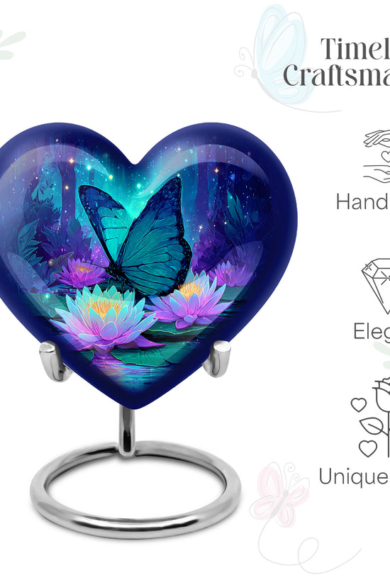 Cornflower Blue Butterfly Cremation Urn front view showing detailed design - compassionate heart-butterfly combination with gentle curves - mini keepsake memorial for portion of cremation ashes
