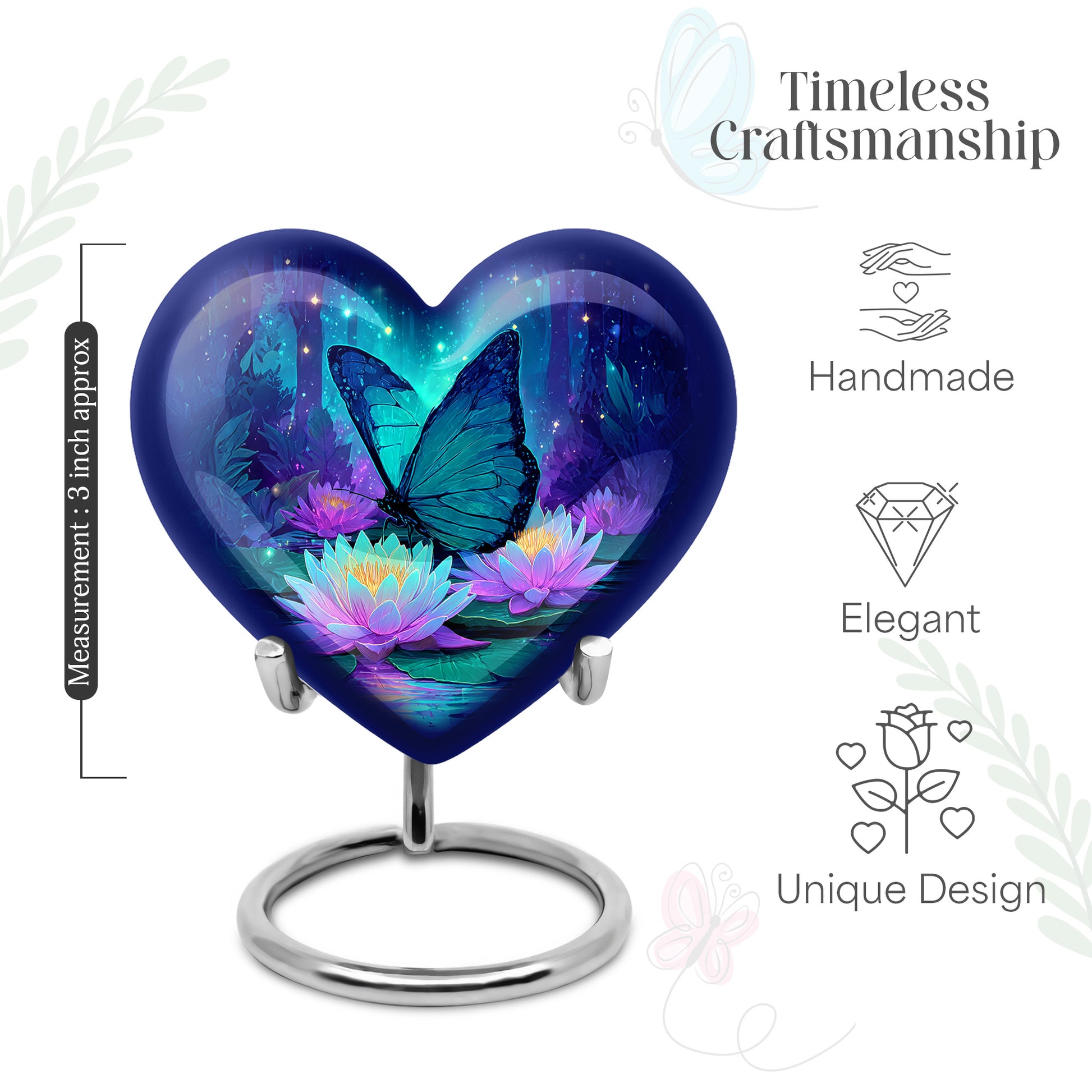 Cornflower Blue Butterfly Cremation Urn front view showing detailed design - compassionate heart-butterfly combination with gentle curves - mini keepsake memorial for portion of cremation ashes