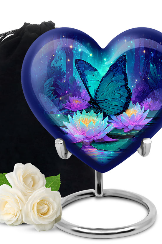 Soft Blue Butterfly Cremation Urn detail view - romantic heart urn with butterfly motif on aluminum - full-size 10 inch 200 cubic inch adult cremation urn