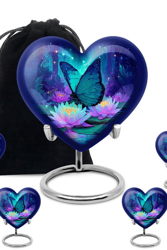 Celestial Blue Butterfly Cremation Urn close-up of engraving and surface detail - loving heart memorial featuring butterfly pattern - memorial set with one large and four small urns